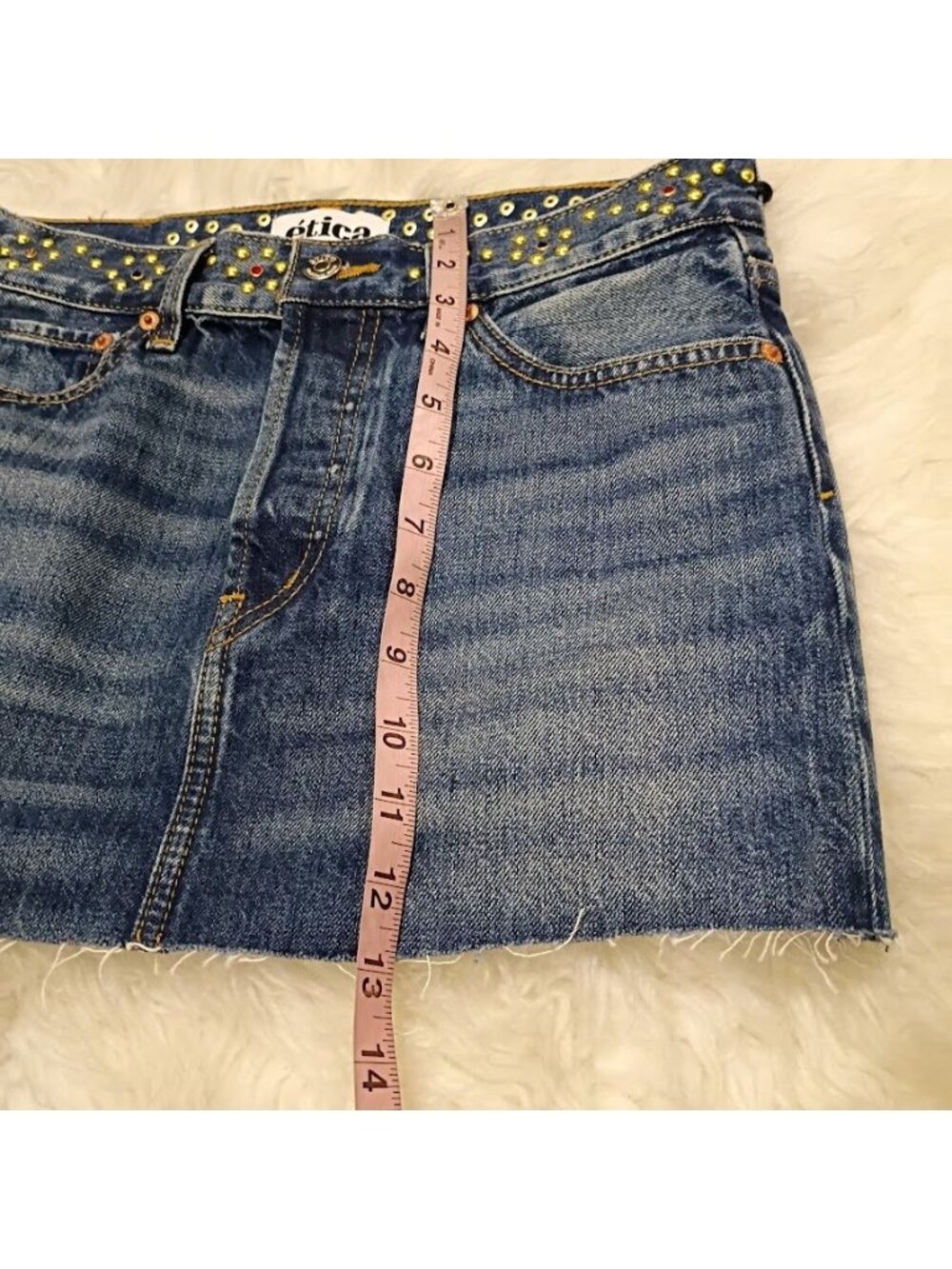 Ética Womens Denim Mini Skirt Blue Size 24 Organic Cotton Studded Frayed Hem New - Picture 11 of 15